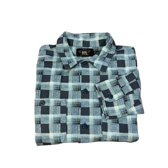 $225 RRL Double RL Ralph Lauren Blue Plaid Cotton Flannel Shirt Mens Size Medium - Picture 5 of 9